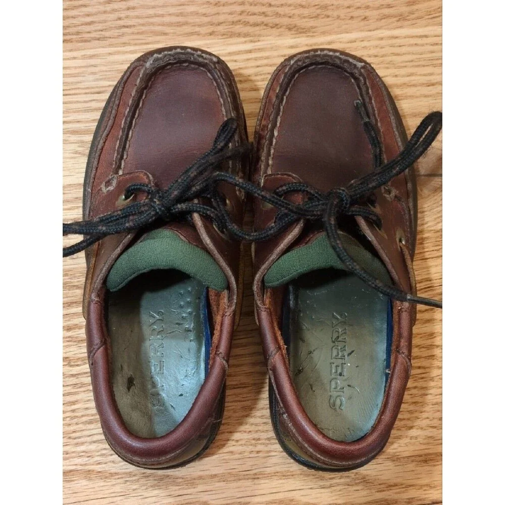 Sperry Kids Leather Boat Shoes Loafers Brown Olive Size 11.5 GUC Casual